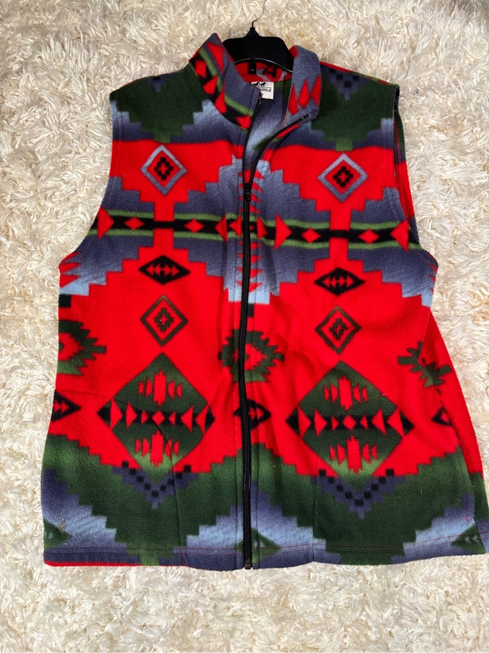 Back in the Saddle Red Geometric Fleece Vest - Women's Zip Front-Small